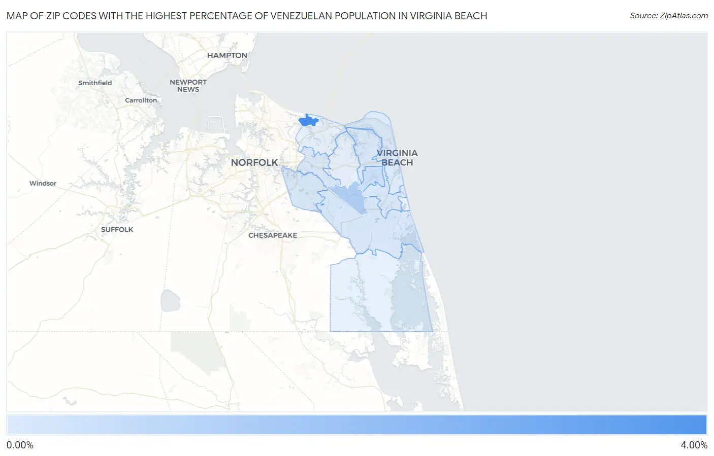 Zip Codes with the Highest Percentage of Venezuelan Population in Virginia Beach Map
