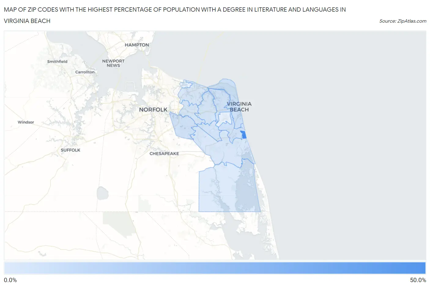 Zip Codes with the Highest Percentage of Population with a Degree in Literature and Languages in Virginia Beach Map