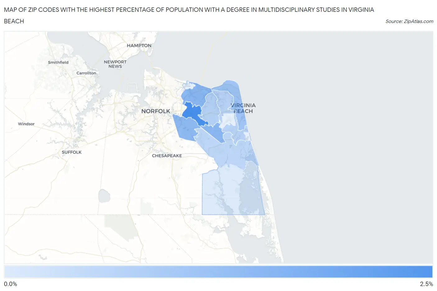 Zip Codes with the Highest Percentage of Population with a Degree in Multidisciplinary Studies in Virginia Beach Map
