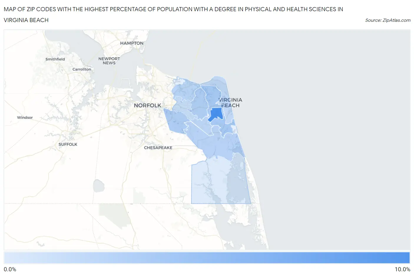 Zip Codes with the Highest Percentage of Population with a Degree in Physical and Health Sciences in Virginia Beach Map