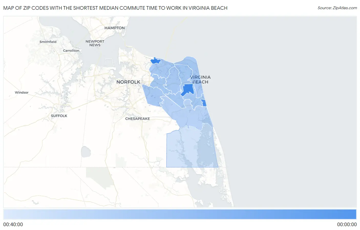 Zip Codes with the Shortest Median Commute Time to Work in Virginia Beach Map