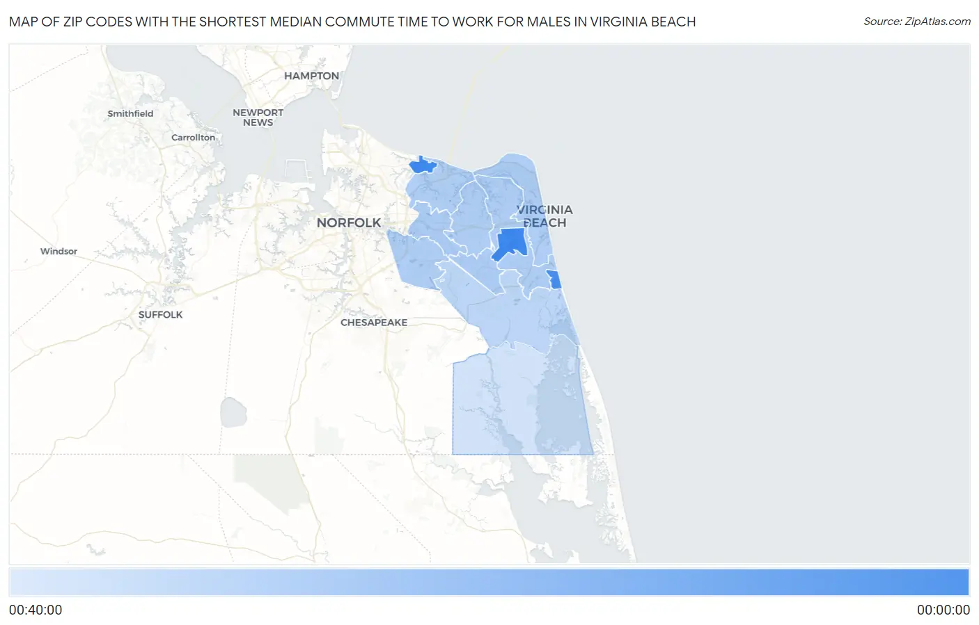 Zip Codes with the Shortest Median Commute Time to Work for Males in Virginia Beach Map
