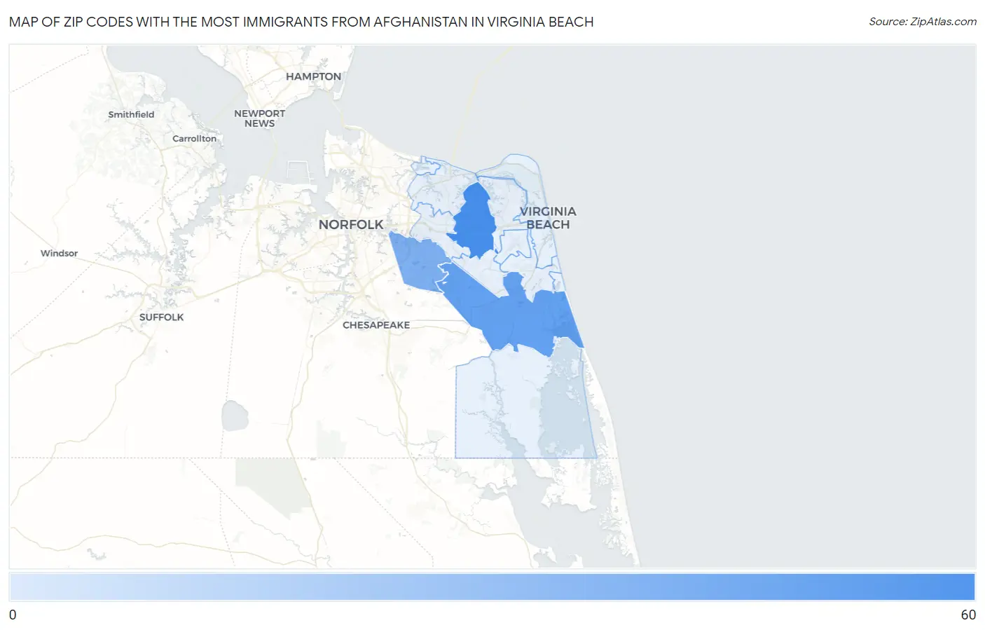 Zip Codes with the Most Immigrants from Afghanistan in Virginia Beach Map