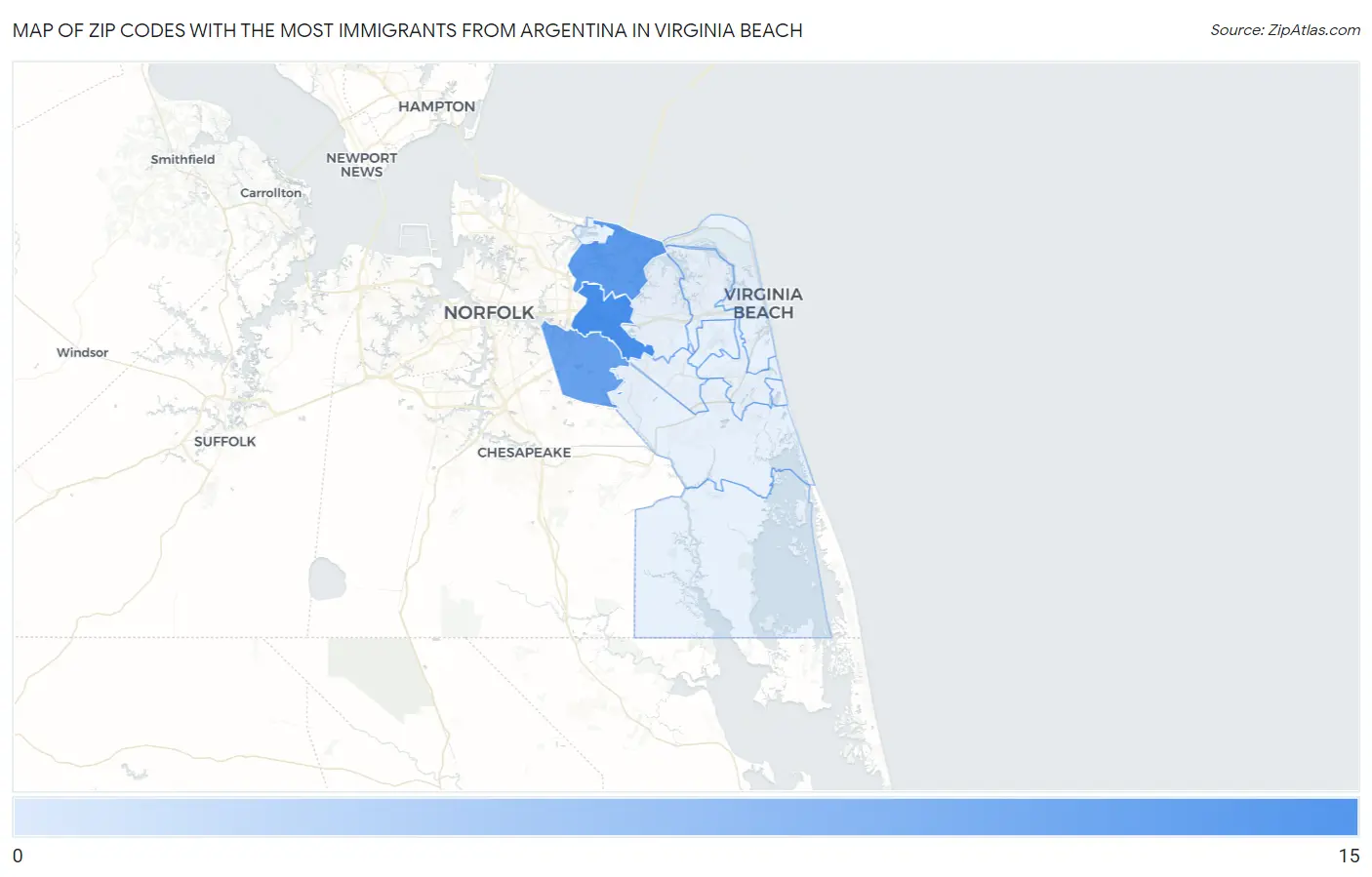 Zip Codes with the Most Immigrants from Argentina in Virginia Beach Map