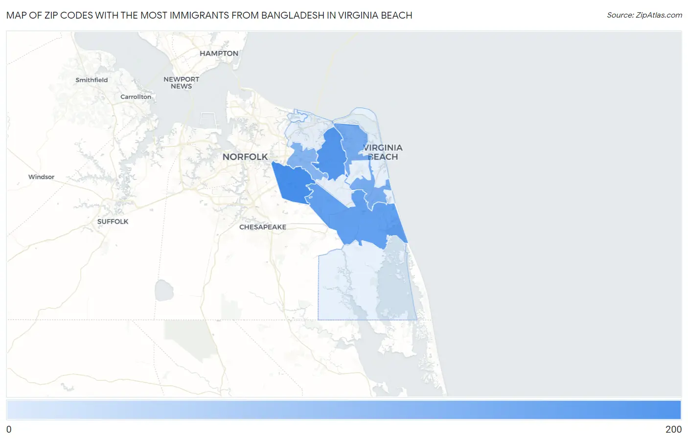 Zip Codes with the Most Immigrants from Bangladesh in Virginia Beach Map