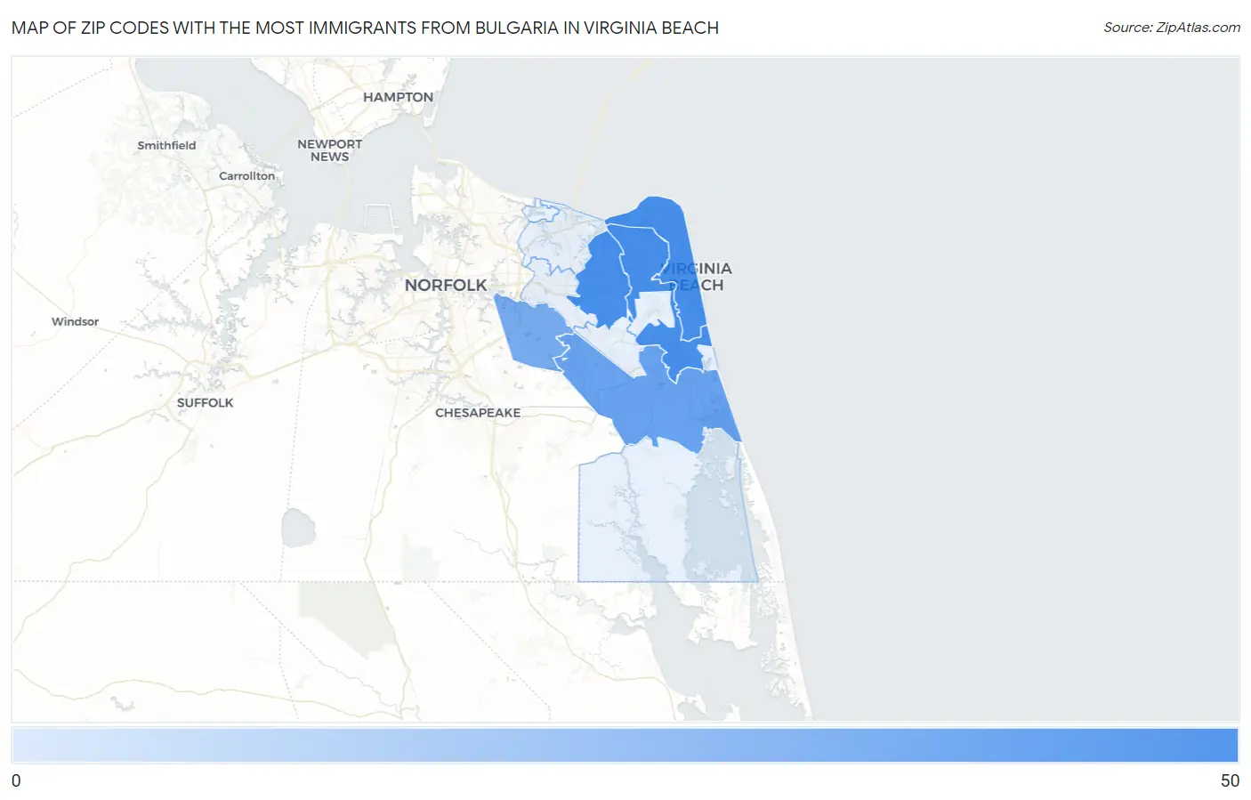 Zip Codes with the Most Immigrants from Bulgaria in Virginia Beach Map