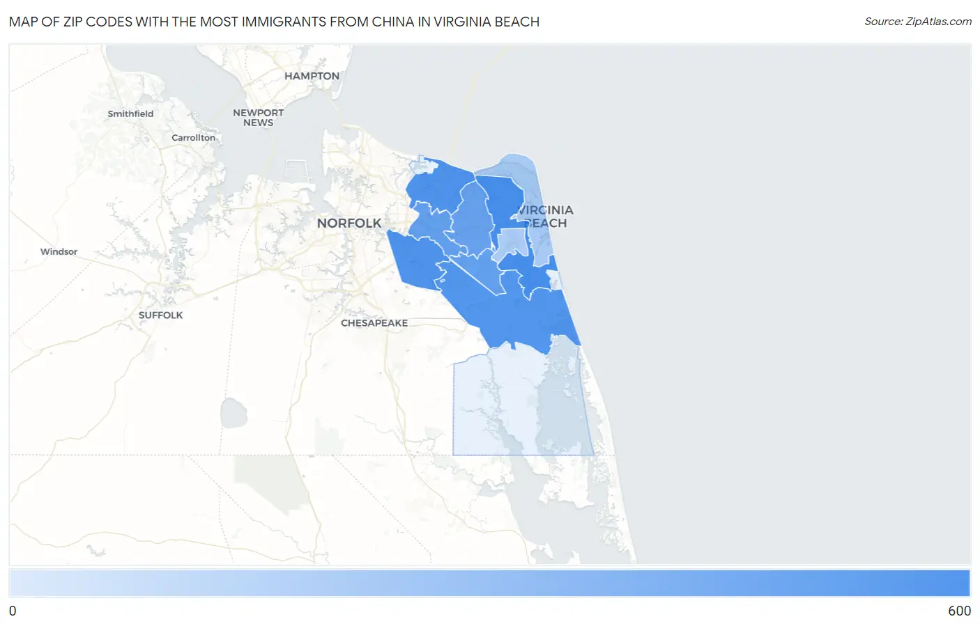 Zip Codes with the Most Immigrants from China in Virginia Beach Map