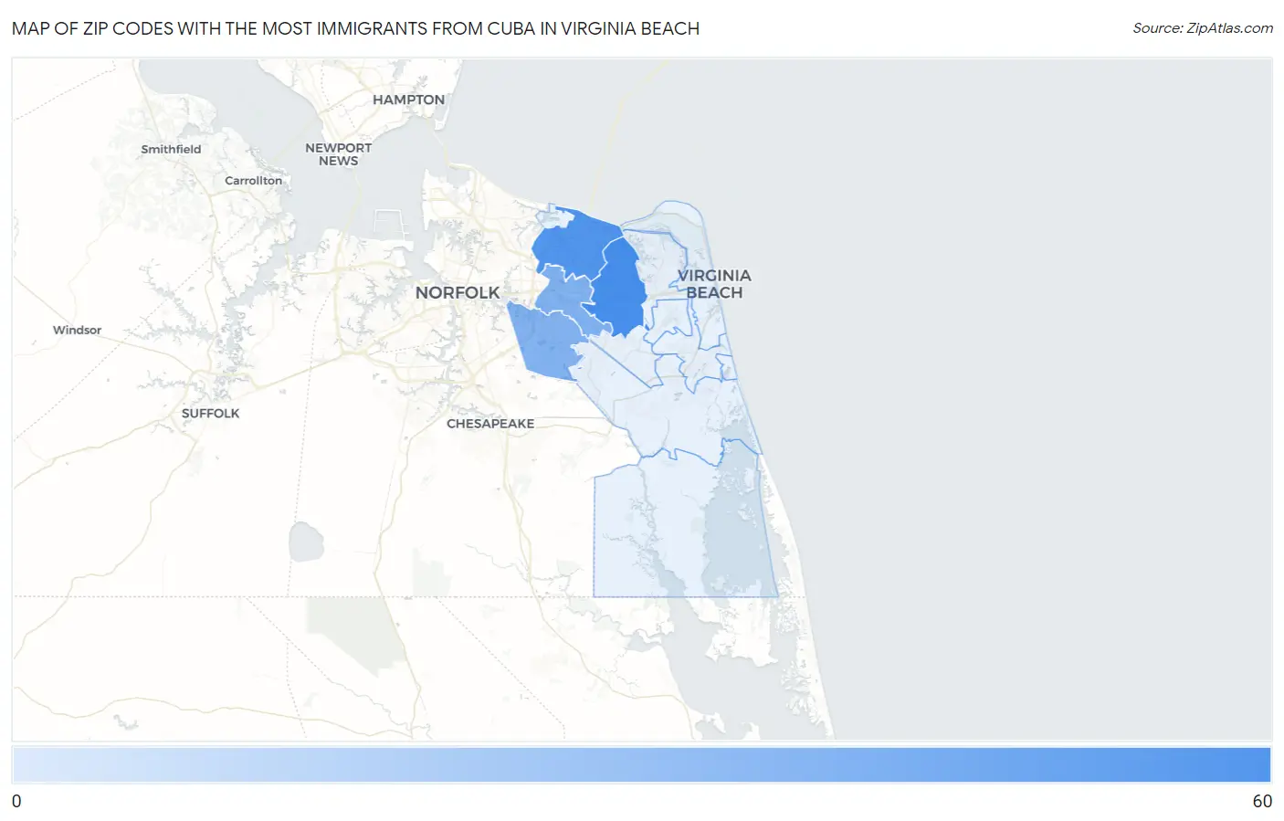 Zip Codes with the Most Immigrants from Cuba in Virginia Beach Map