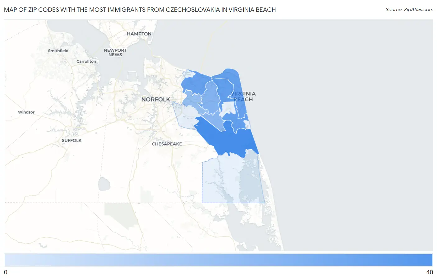 Zip Codes with the Most Immigrants from Czechoslovakia in Virginia Beach Map