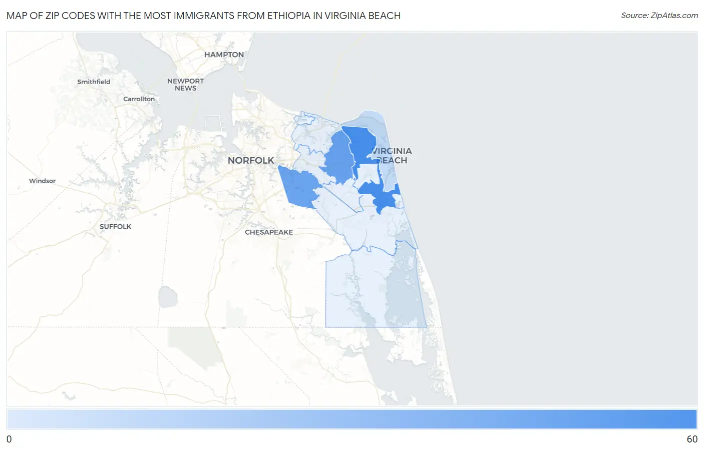 Zip Codes with the Most Immigrants from Ethiopia in Virginia Beach Map