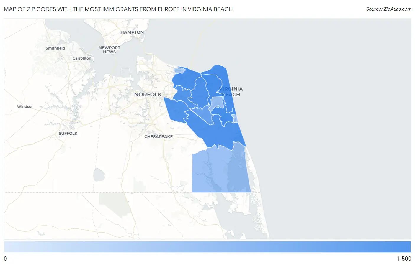 Zip Codes with the Most Immigrants from Europe in Virginia Beach Map