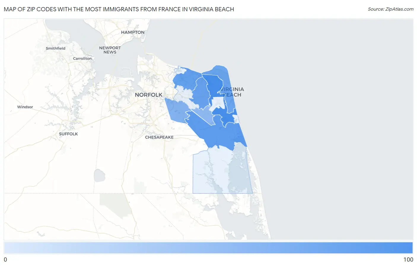 Zip Codes with the Most Immigrants from France in Virginia Beach Map