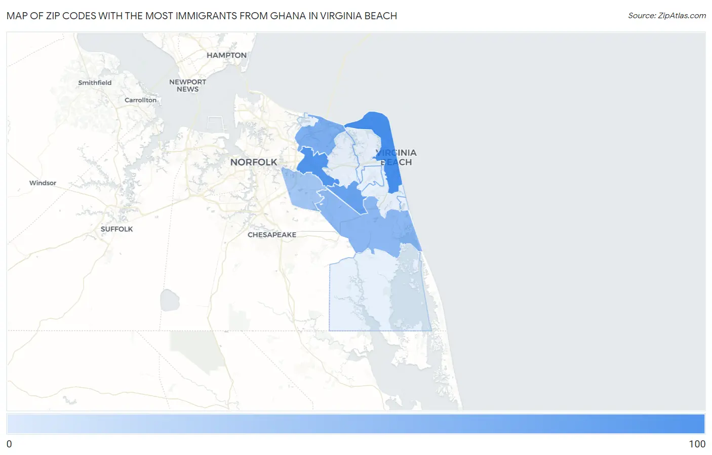 Zip Codes with the Most Immigrants from Ghana in Virginia Beach Map