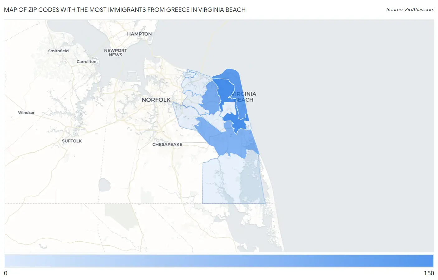 Zip Codes with the Most Immigrants from Greece in Virginia Beach Map