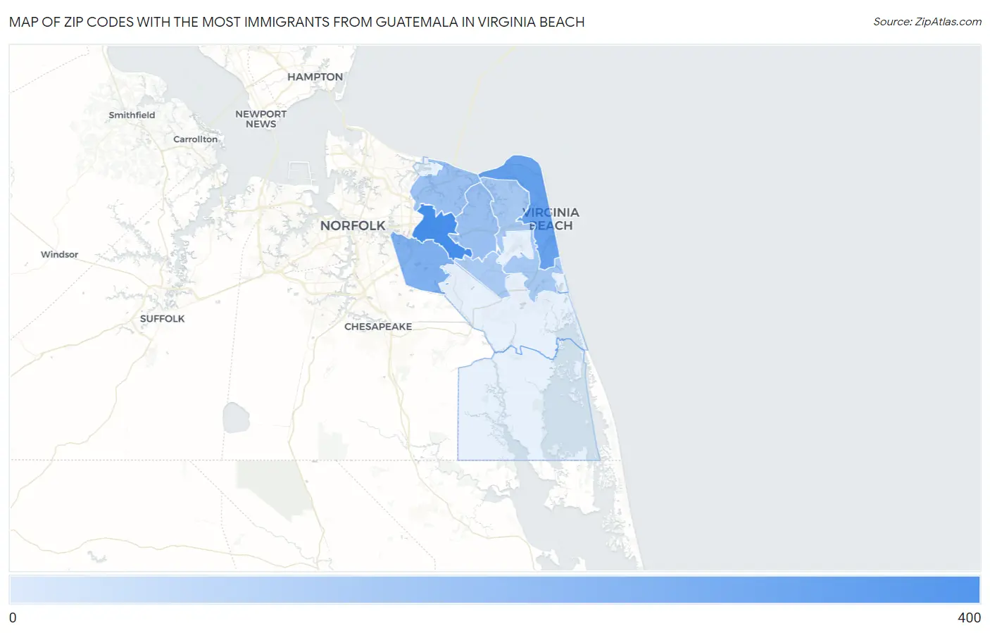 Zip Codes with the Most Immigrants from Guatemala in Virginia Beach Map