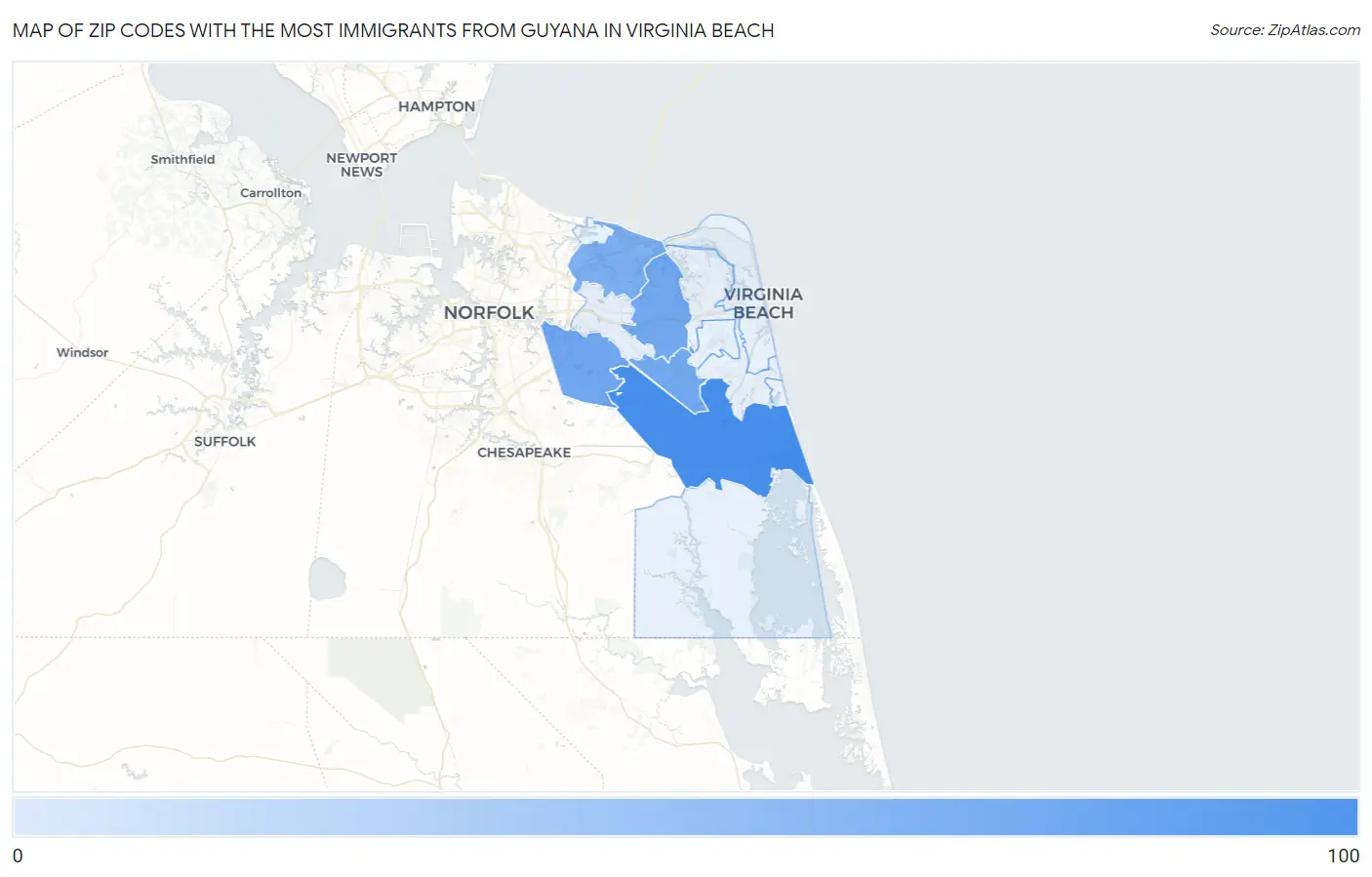 Zip Codes with the Most Immigrants from Guyana in Virginia Beach Map