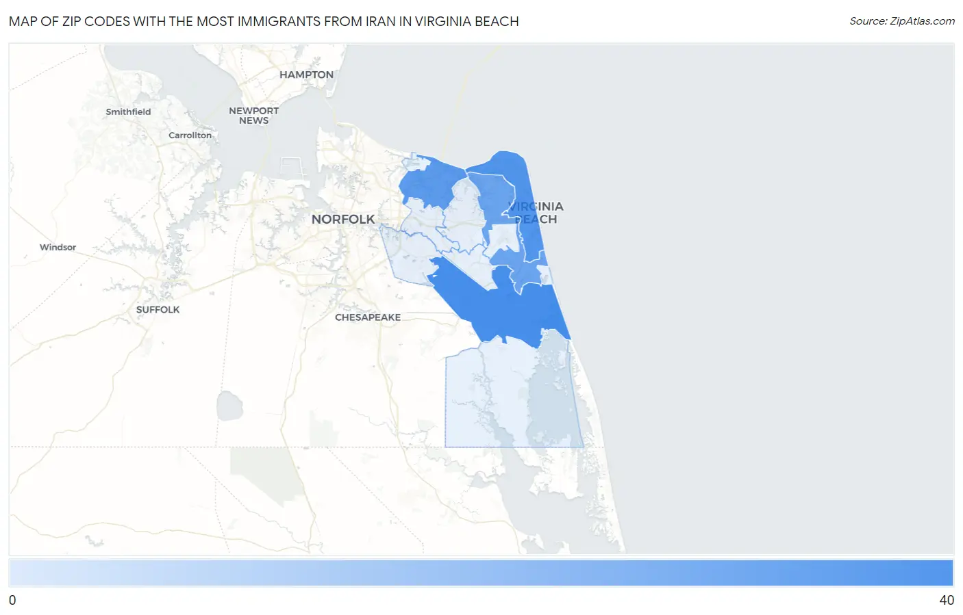 Zip Codes with the Most Immigrants from Iran in Virginia Beach Map