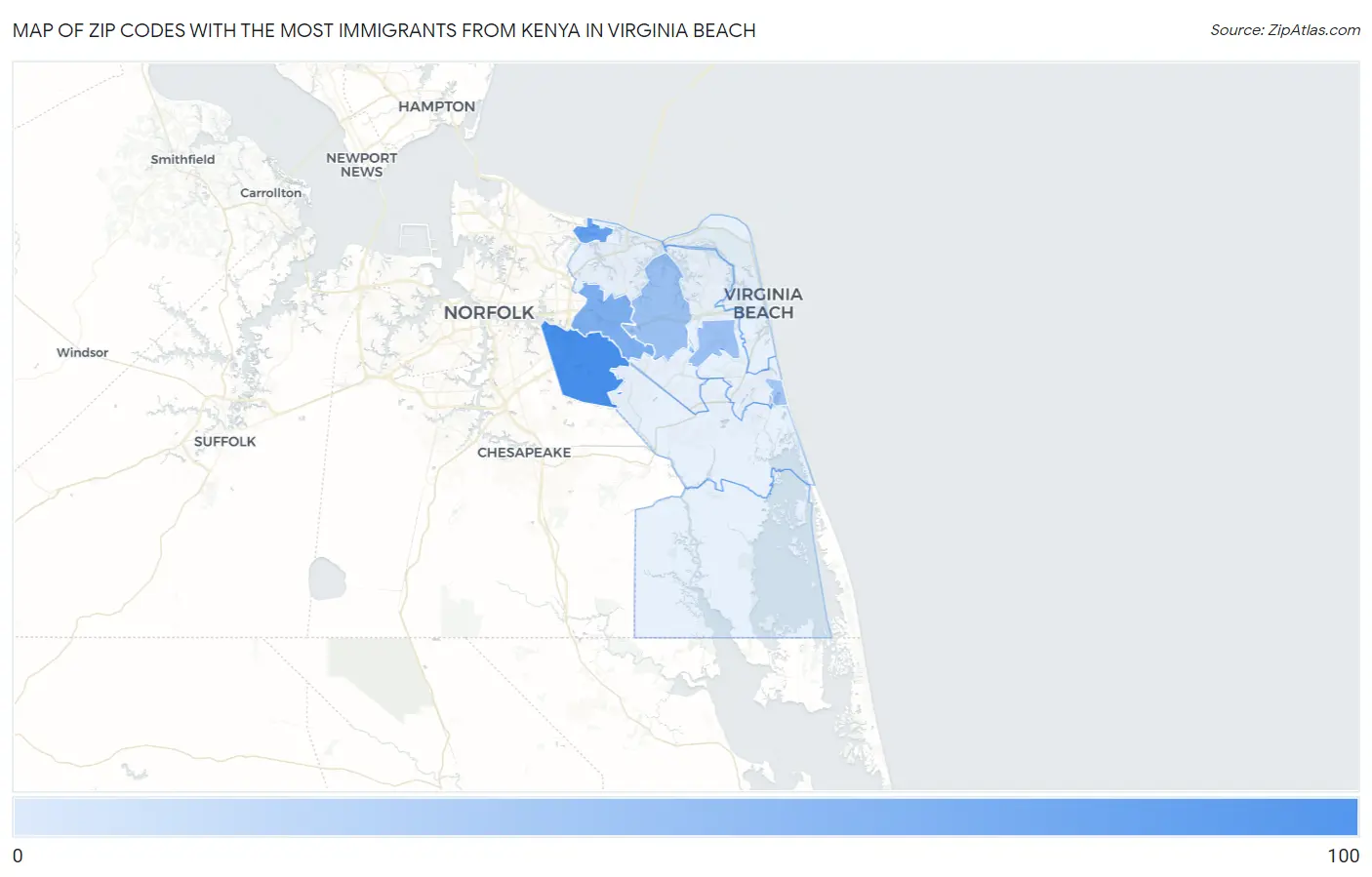 Zip Codes with the Most Immigrants from Kenya in Virginia Beach Map