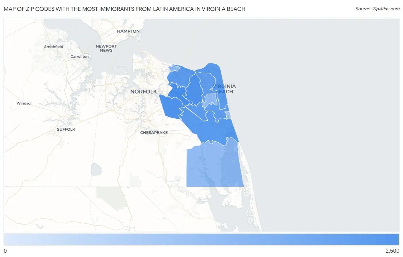Zip Codes with the Most Immigrants from Latin America in Virginia Beach Map