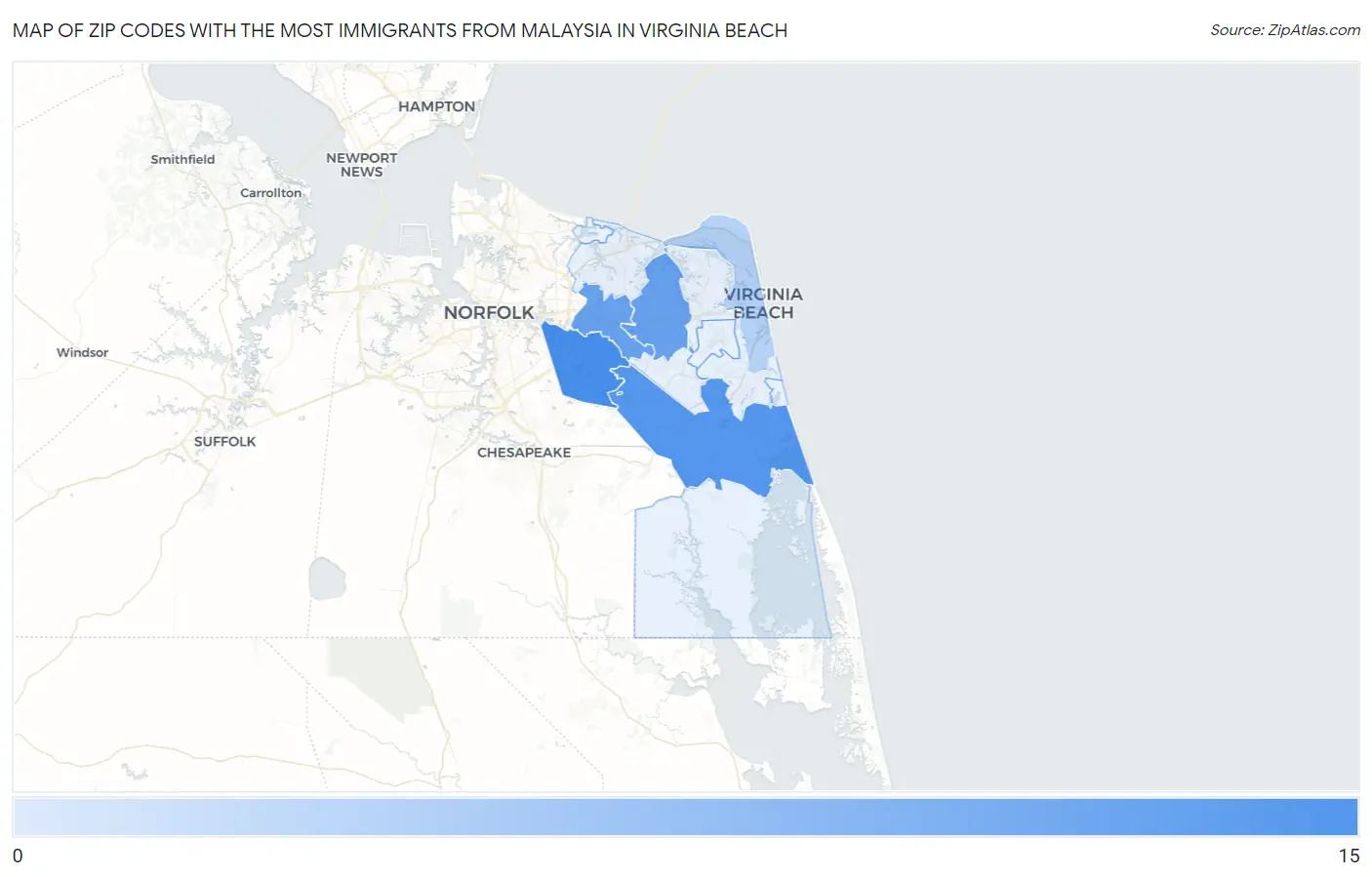 Zip Codes with the Most Immigrants from Malaysia in Virginia Beach Map