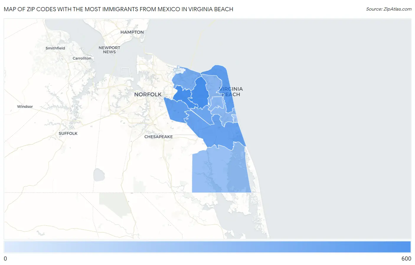 Zip Codes with the Most Immigrants from Mexico in Virginia Beach Map