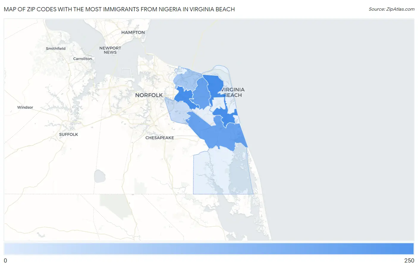 Zip Codes with the Most Immigrants from Nigeria in Virginia Beach Map