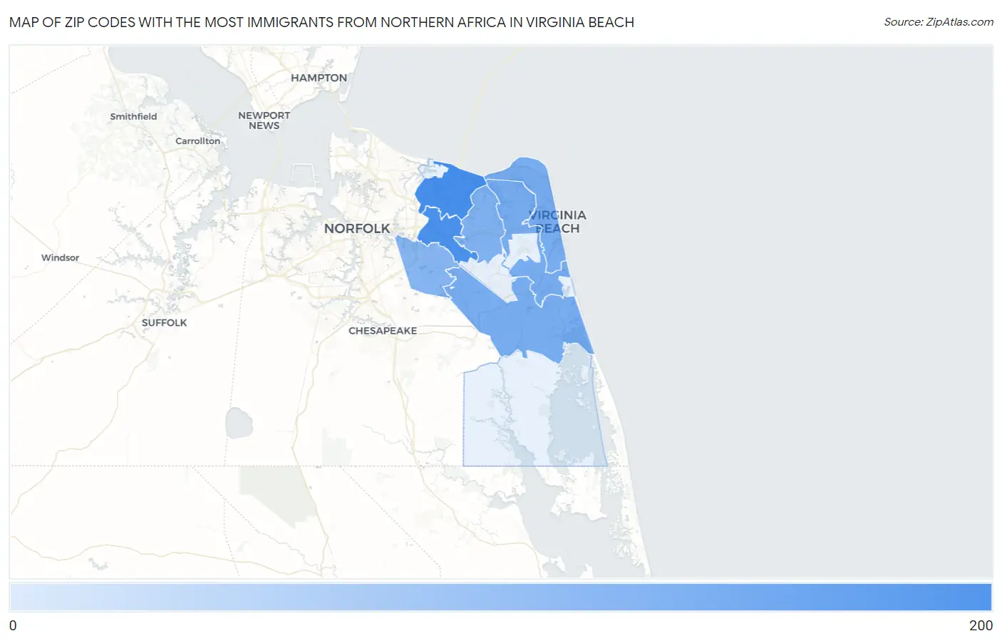 Zip Codes with the Most Immigrants from Northern Africa in Virginia Beach Map