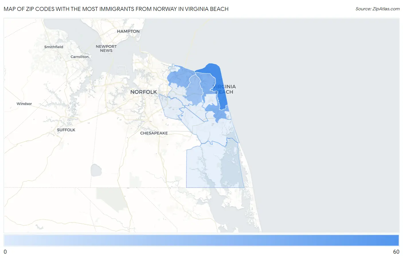 Zip Codes with the Most Immigrants from Norway in Virginia Beach Map