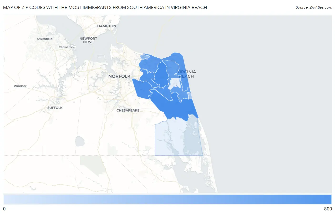 Zip Codes with the Most Immigrants from South America in Virginia Beach Map