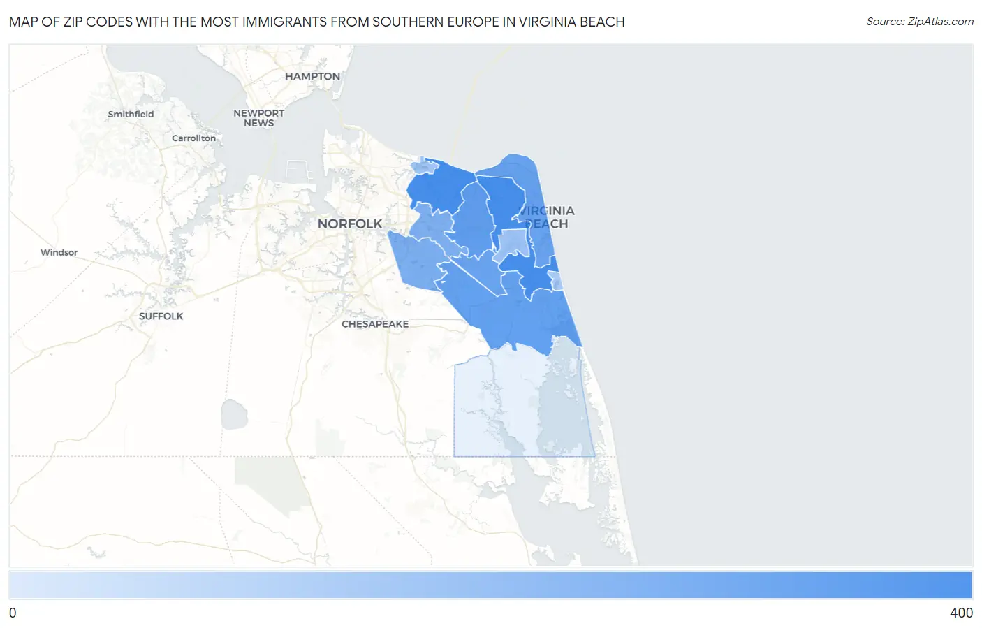 Zip Codes with the Most Immigrants from Southern Europe in Virginia Beach Map