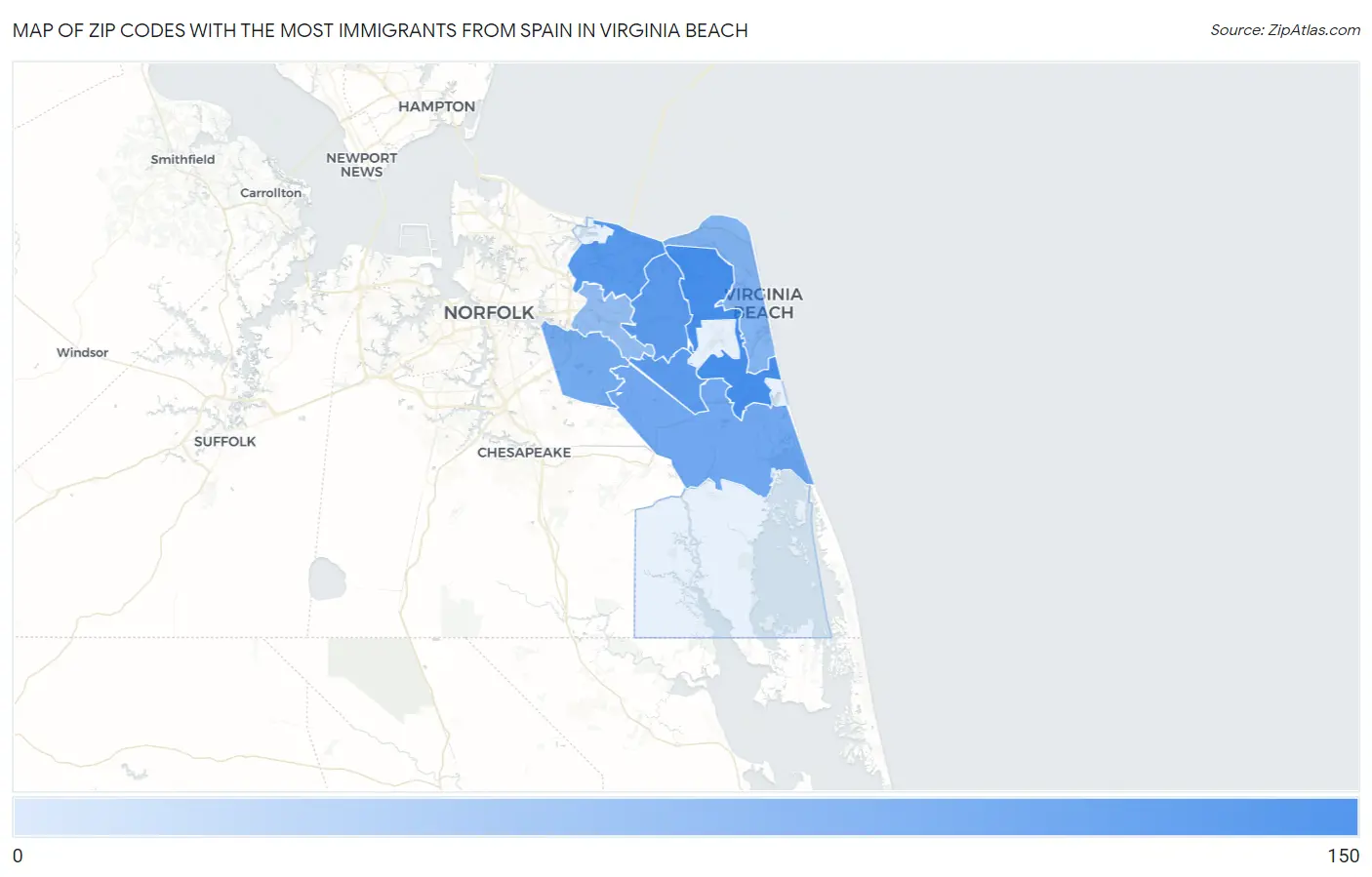 Zip Codes with the Most Immigrants from Spain in Virginia Beach Map