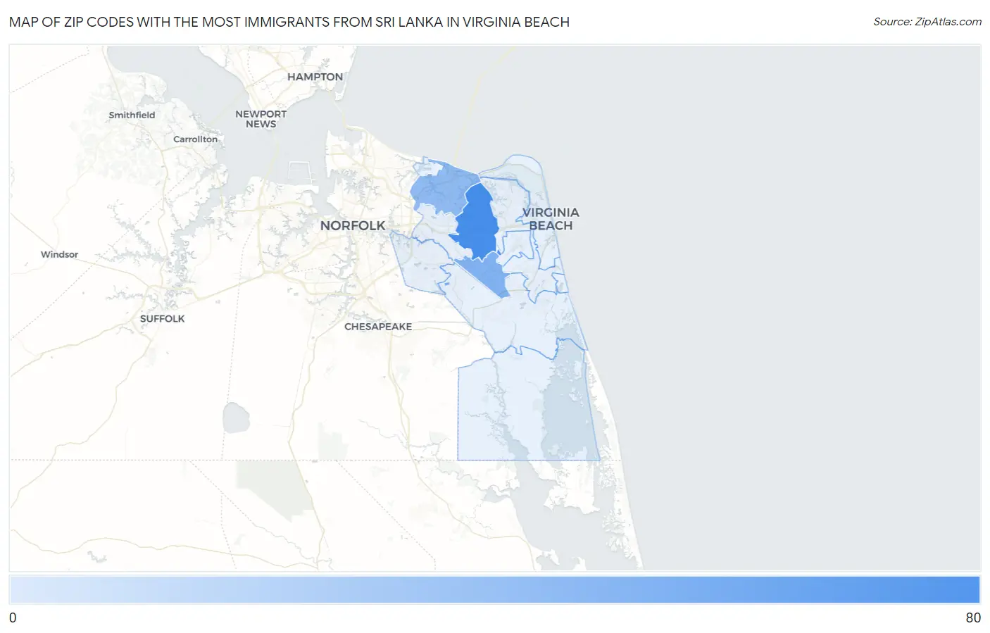 Zip Codes with the Most Immigrants from Sri Lanka in Virginia Beach Map