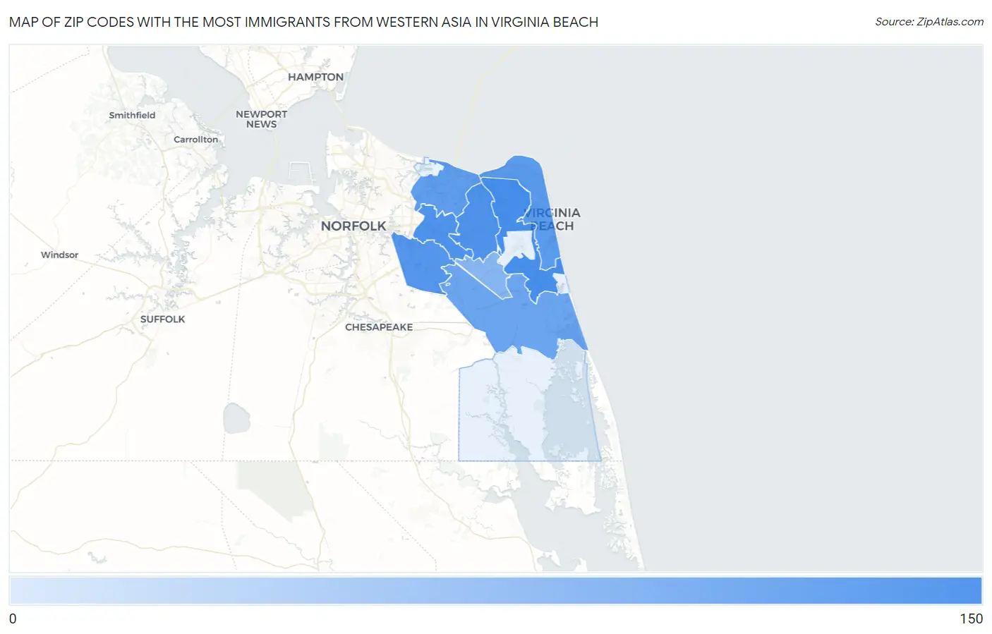 Zip Codes with the Most Immigrants from Western Asia in Virginia Beach Map