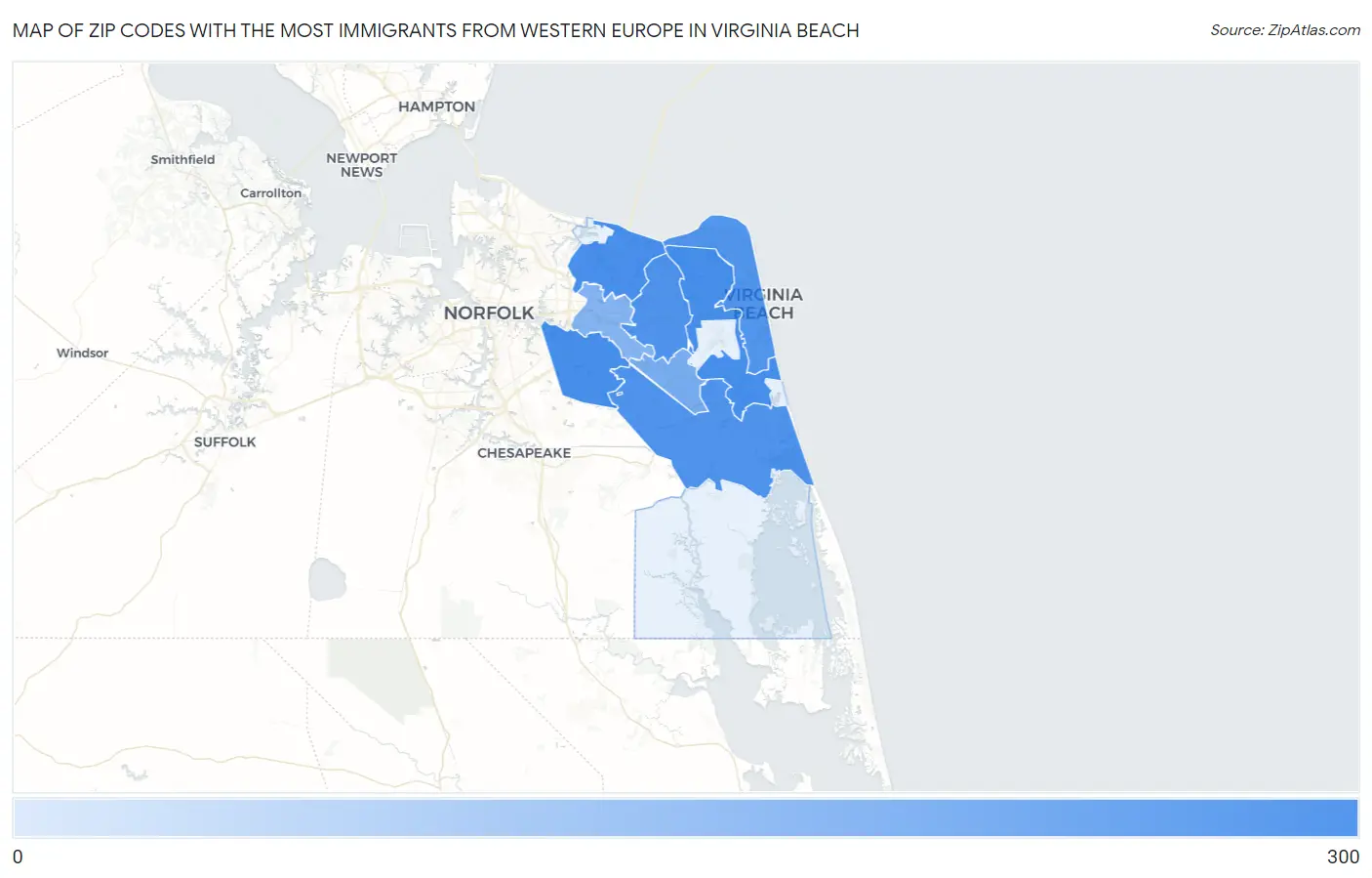 Zip Codes with the Most Immigrants from Western Europe in Virginia Beach Map
