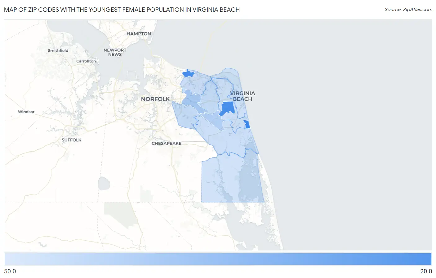 Zip Codes with the Youngest Female Population in Virginia Beach Map