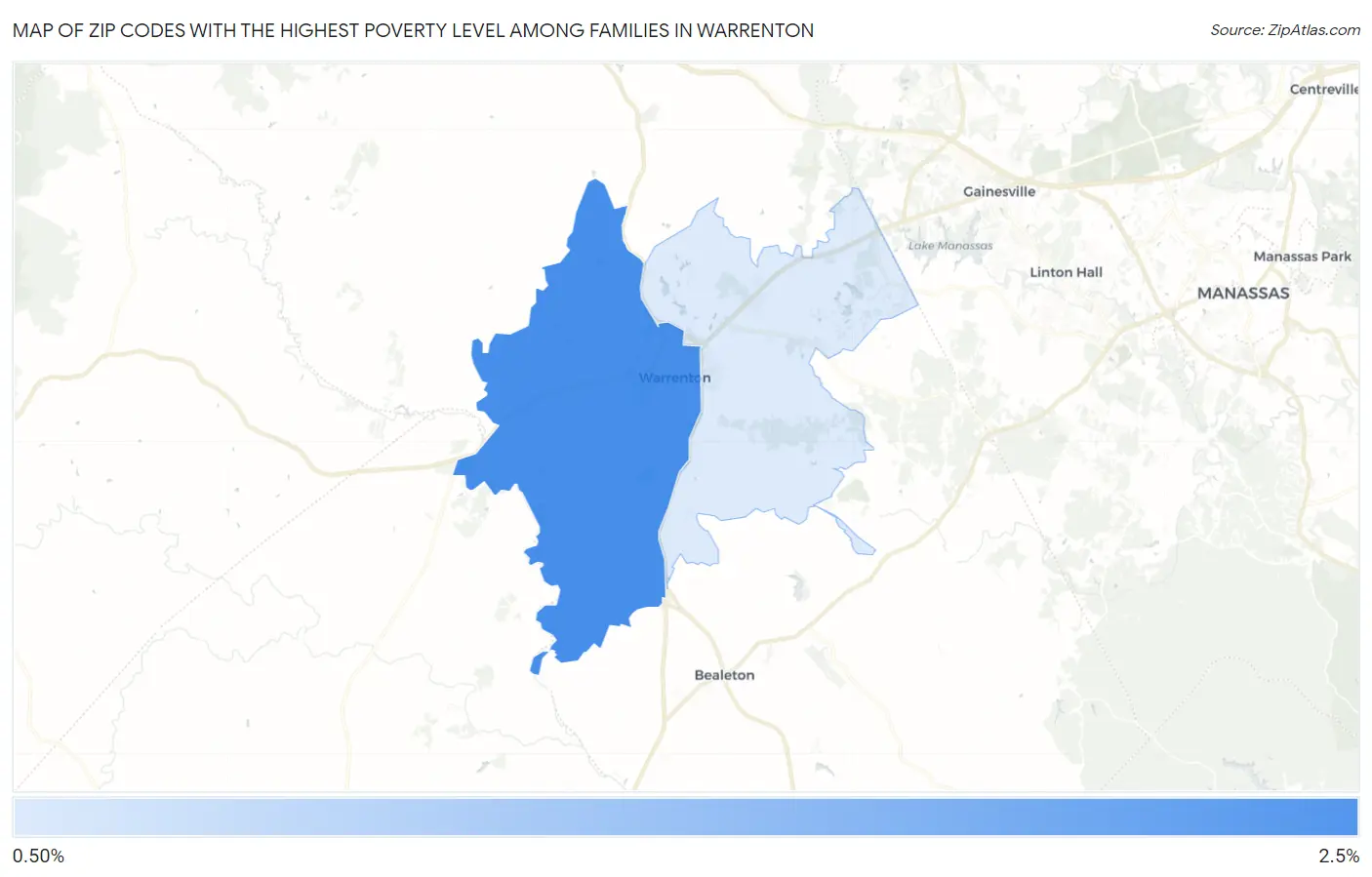Zip Codes with the Highest Poverty Level Among Families in Warrenton Map