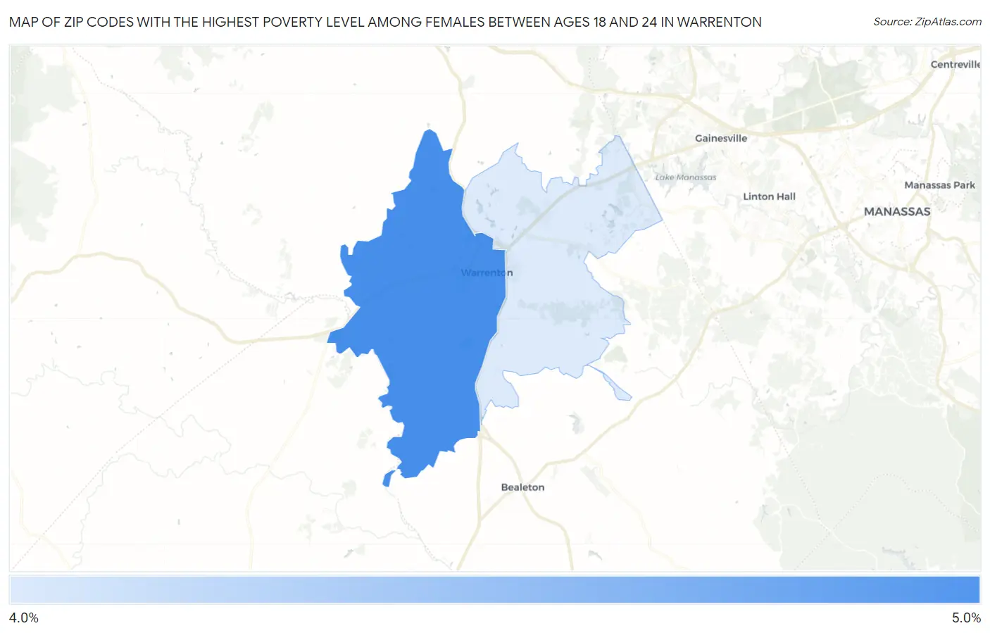 Zip Codes with the Highest Poverty Level Among Females Between Ages 18 and 24 in Warrenton Map