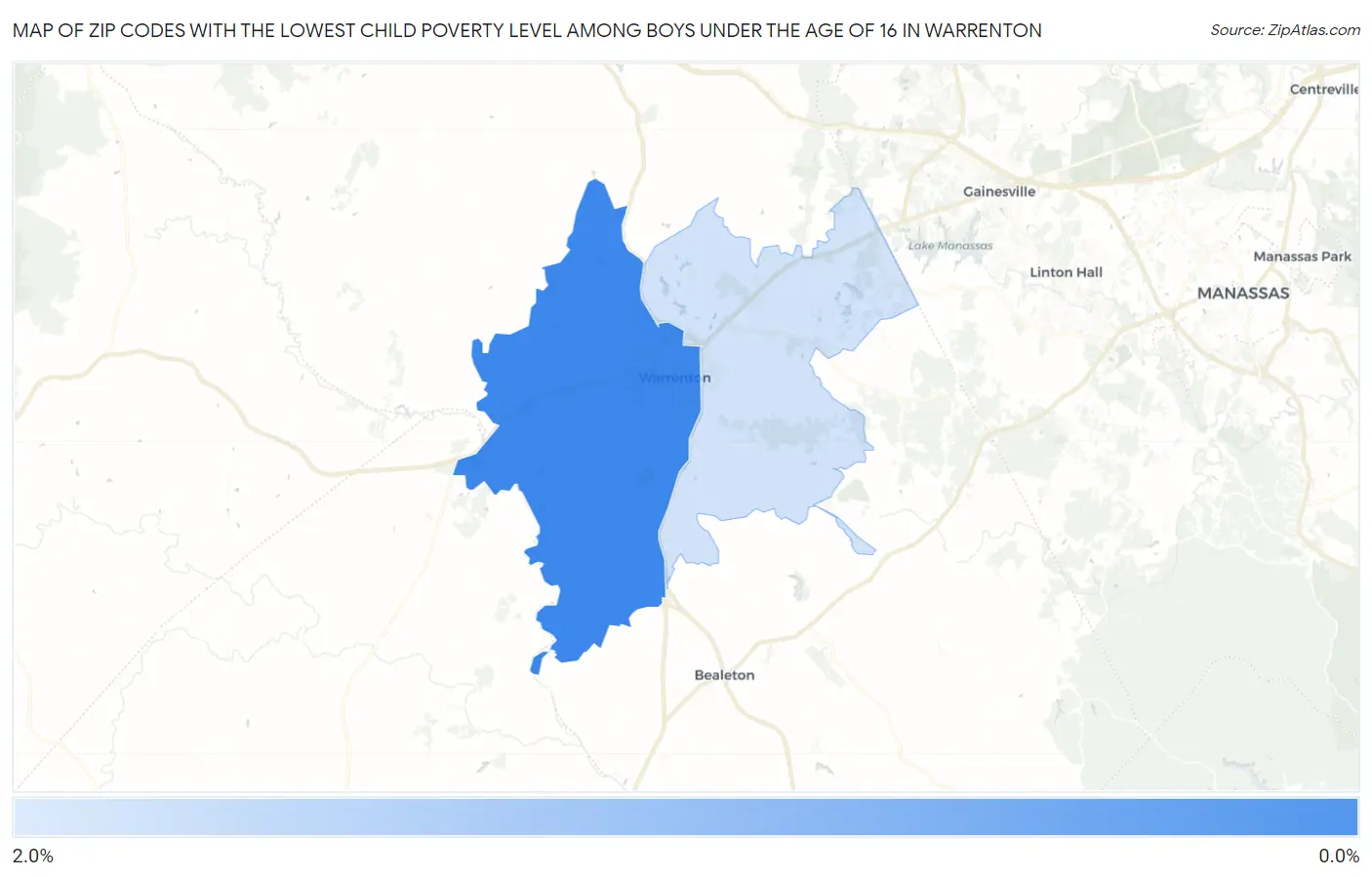 Zip Codes with the Lowest Child Poverty Level Among Boys Under the Age of 16 in Warrenton Map
