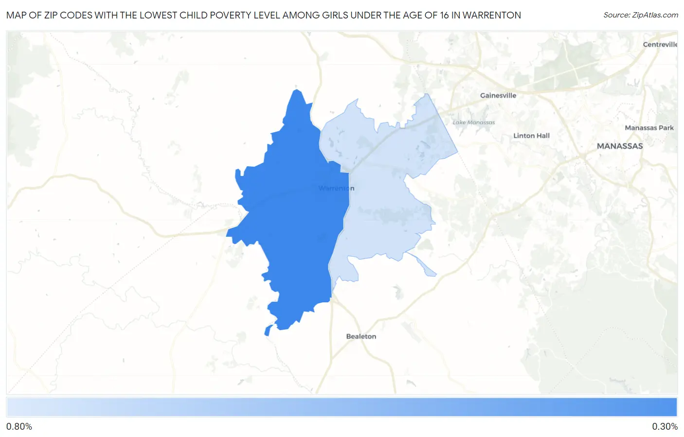 Zip Codes with the Lowest Child Poverty Level Among Girls Under the Age of 16 in Warrenton Map