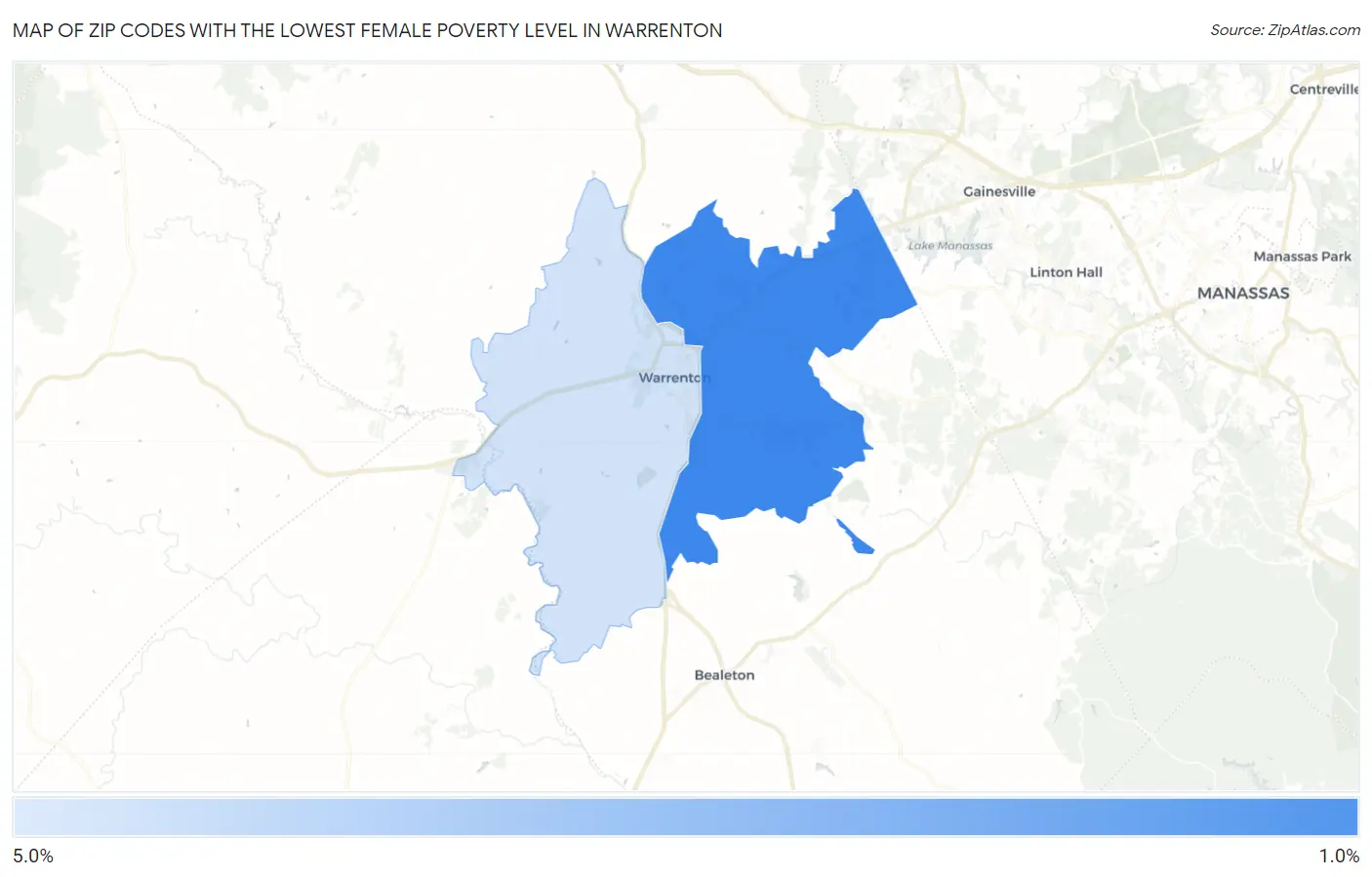 Zip Codes with the Lowest Female Poverty Level in Warrenton Map