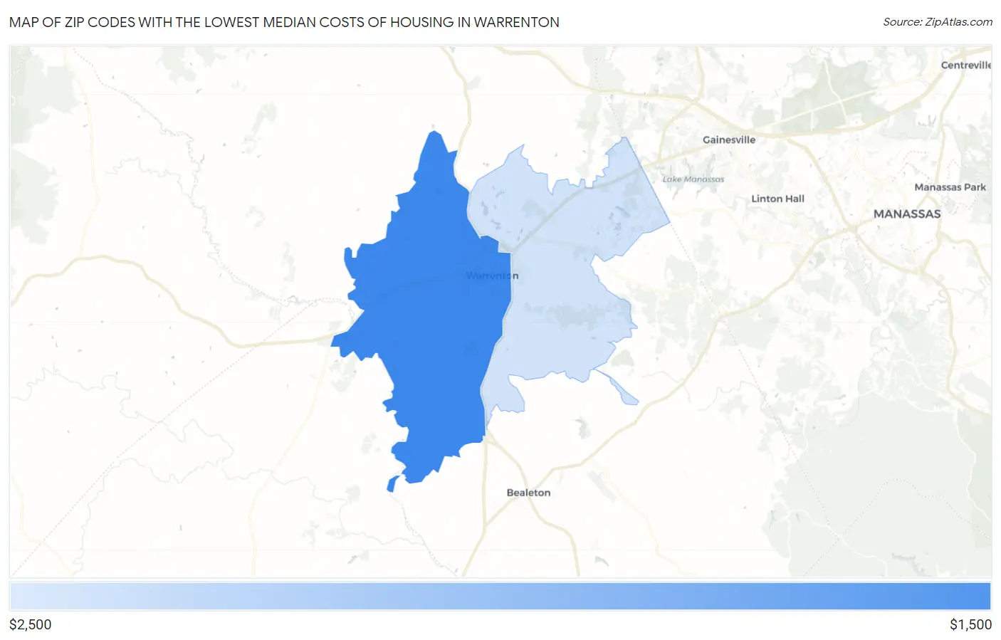 Zip Codes with the Lowest Median Costs of Housing in Warrenton Map