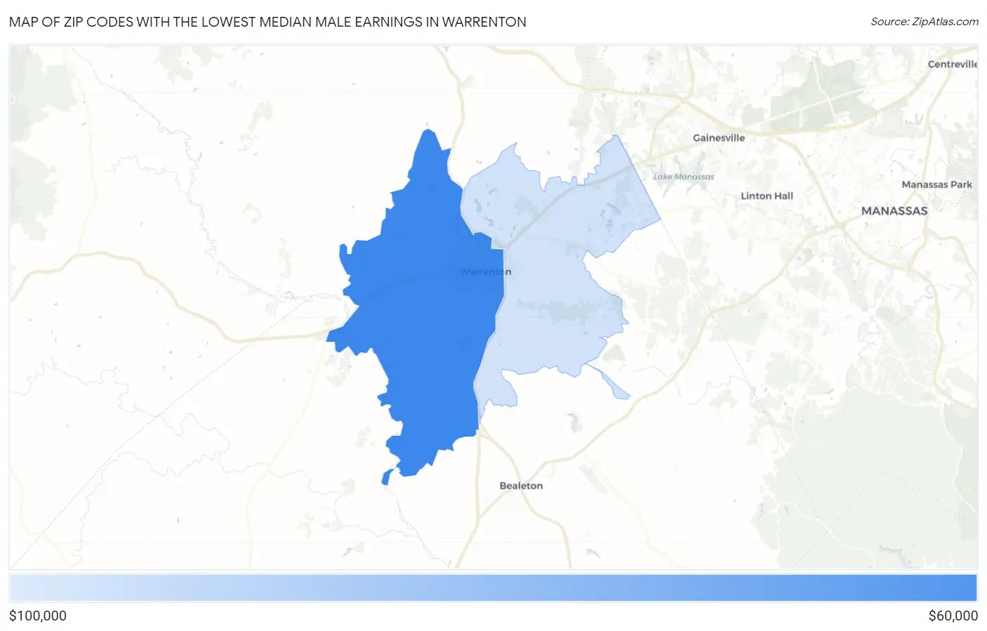 Zip Codes with the Lowest Median Male Earnings in Warrenton Map