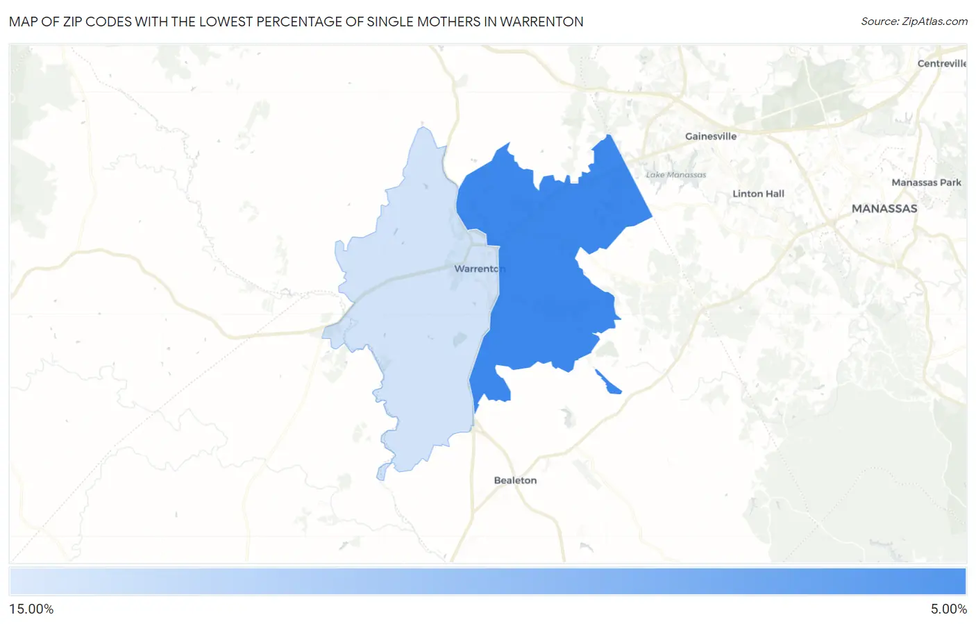 Zip Codes with the Lowest Percentage of Single Mothers in Warrenton Map