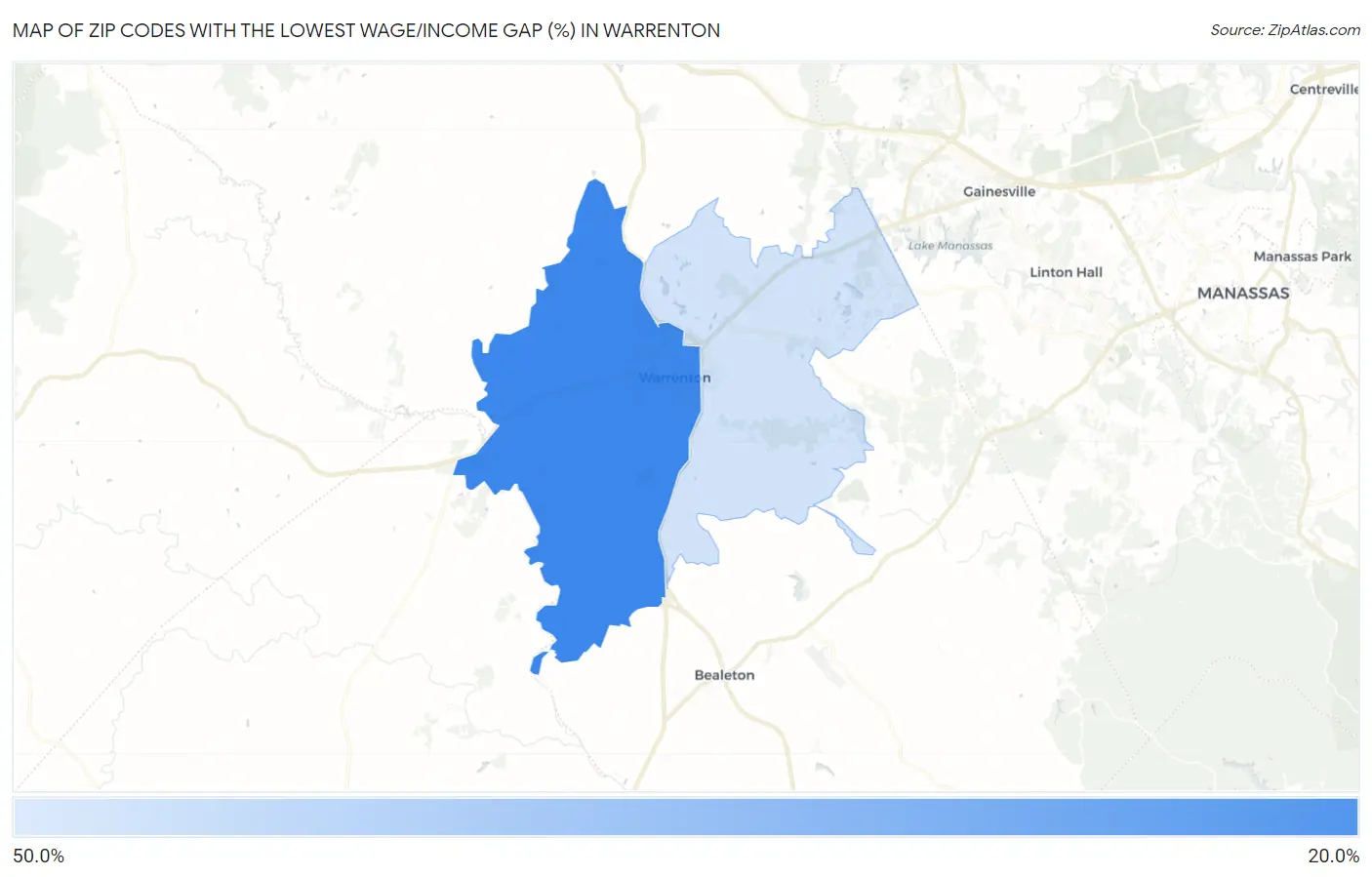 Zip Codes with the Lowest Wage/Income Gap (%) in Warrenton Map