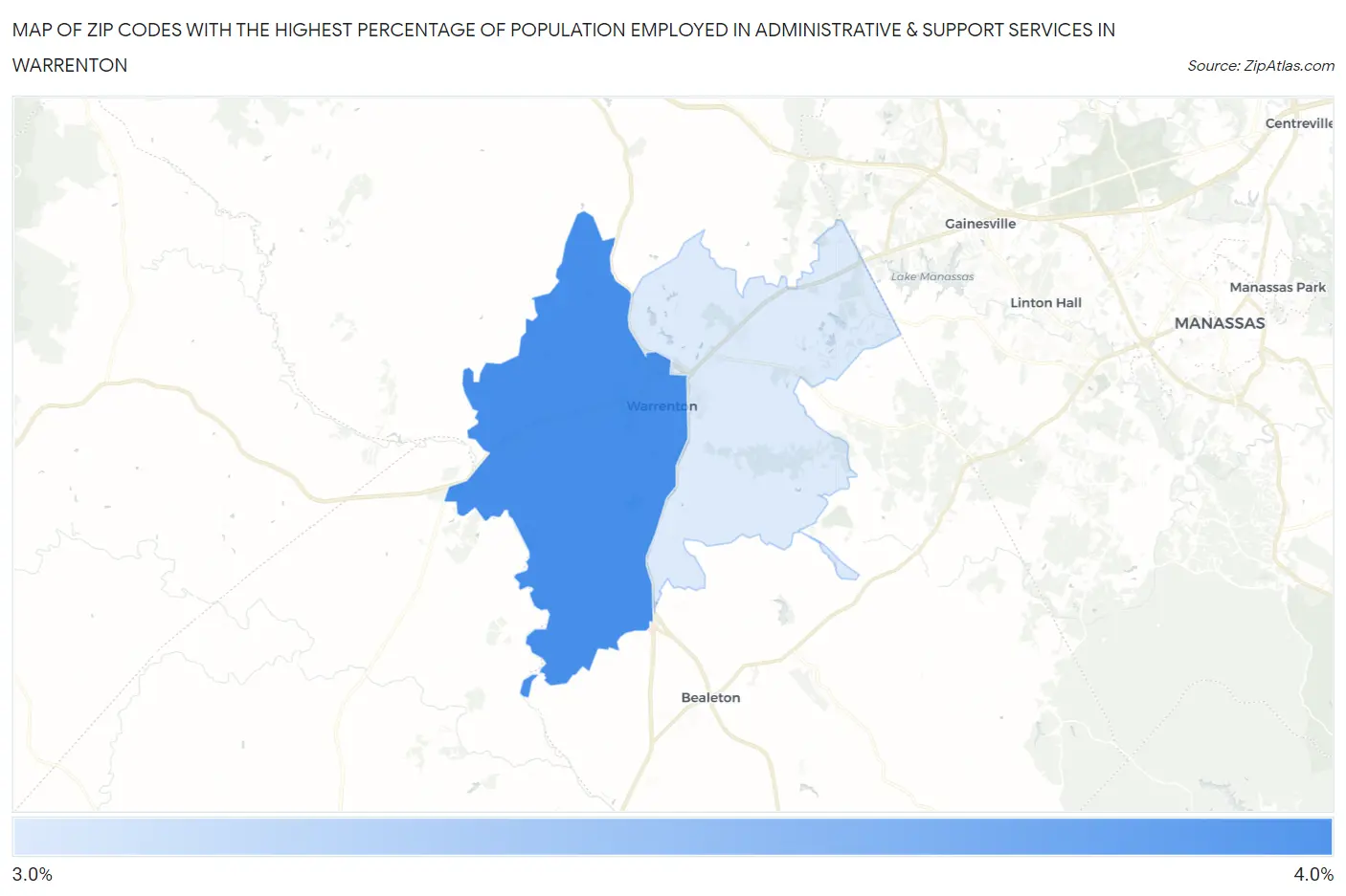 Zip Codes with the Highest Percentage of Population Employed in Administrative & Support Services in Warrenton Map