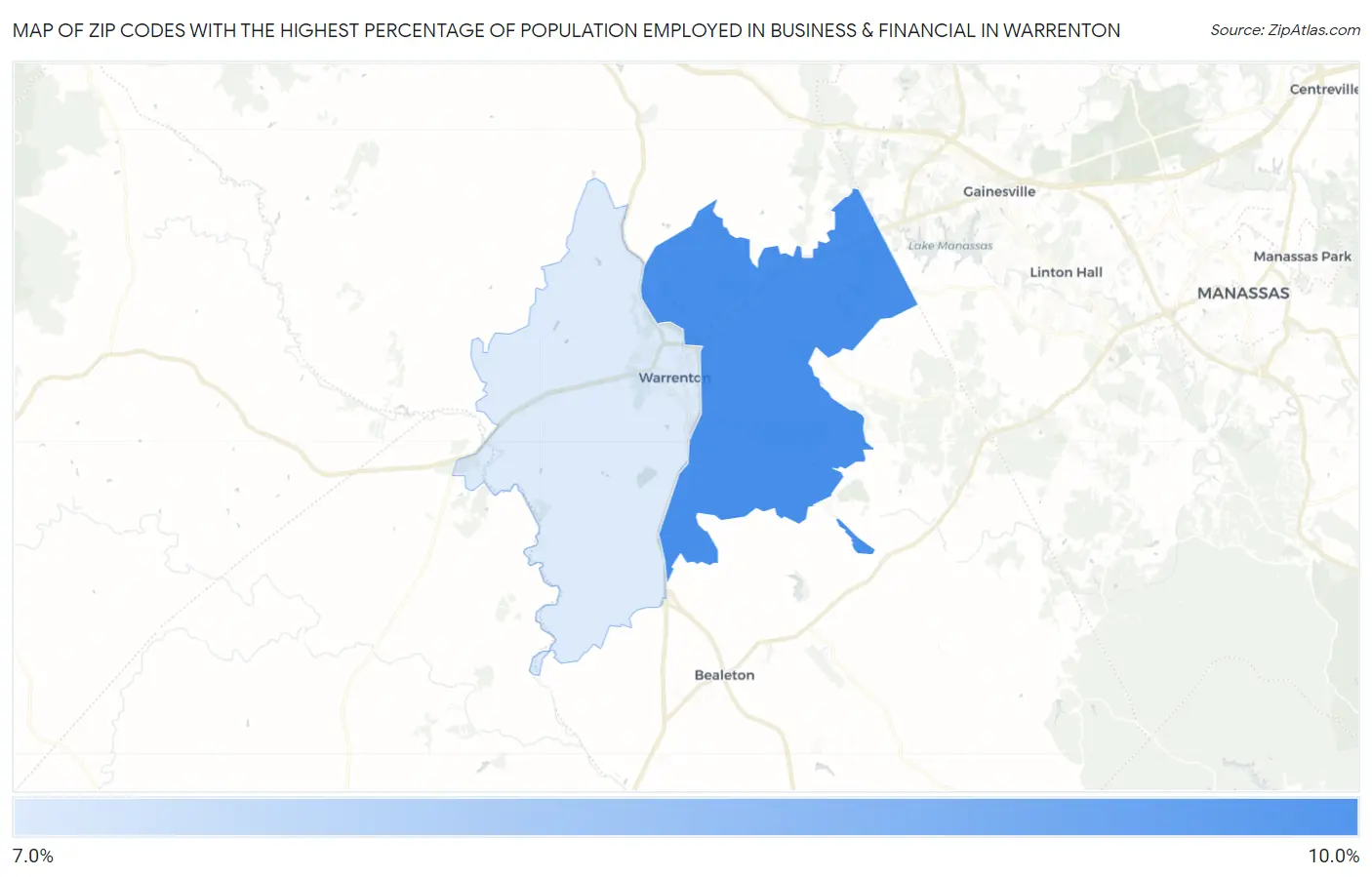 Zip Codes with the Highest Percentage of Population Employed in Business & Financial in Warrenton Map