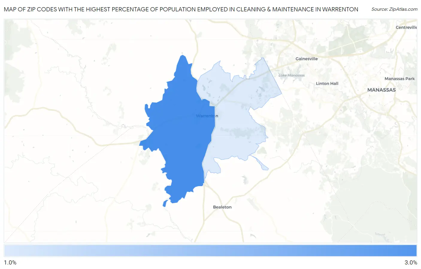 Zip Codes with the Highest Percentage of Population Employed in Cleaning & Maintenance in Warrenton Map