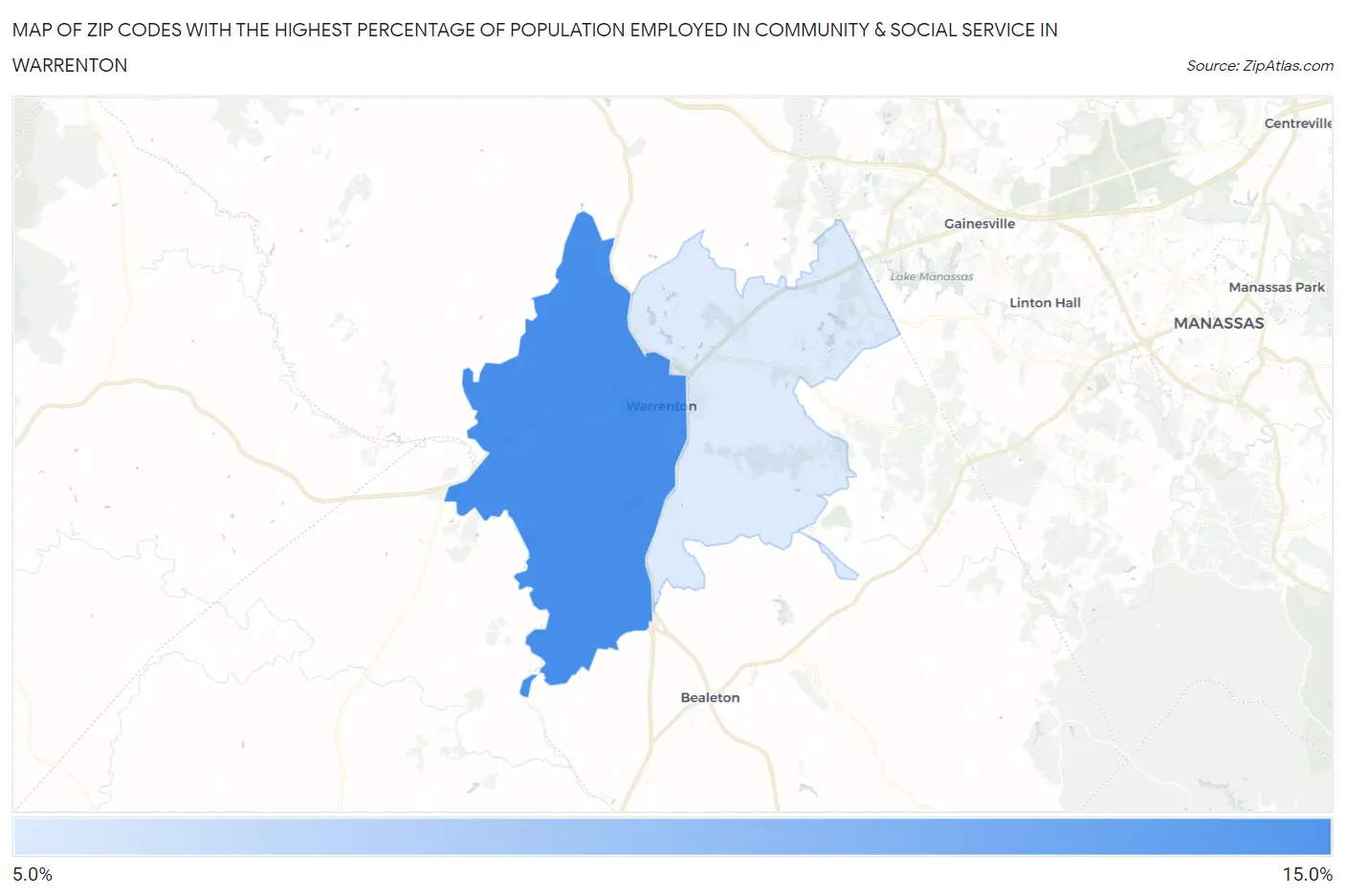 Zip Codes with the Highest Percentage of Population Employed in Community & Social Service  in Warrenton Map