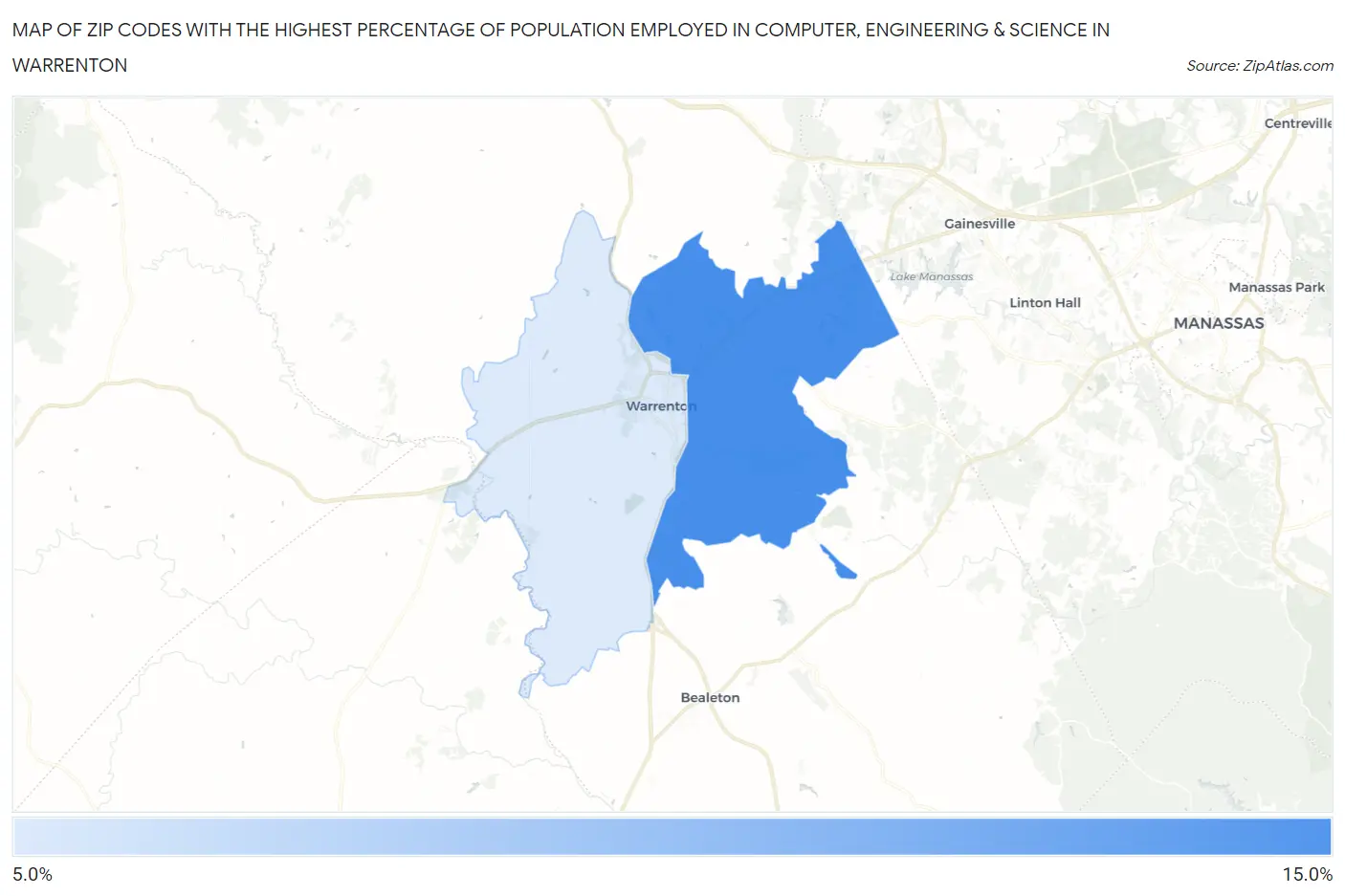 Zip Codes with the Highest Percentage of Population Employed in Computer, Engineering & Science in Warrenton Map