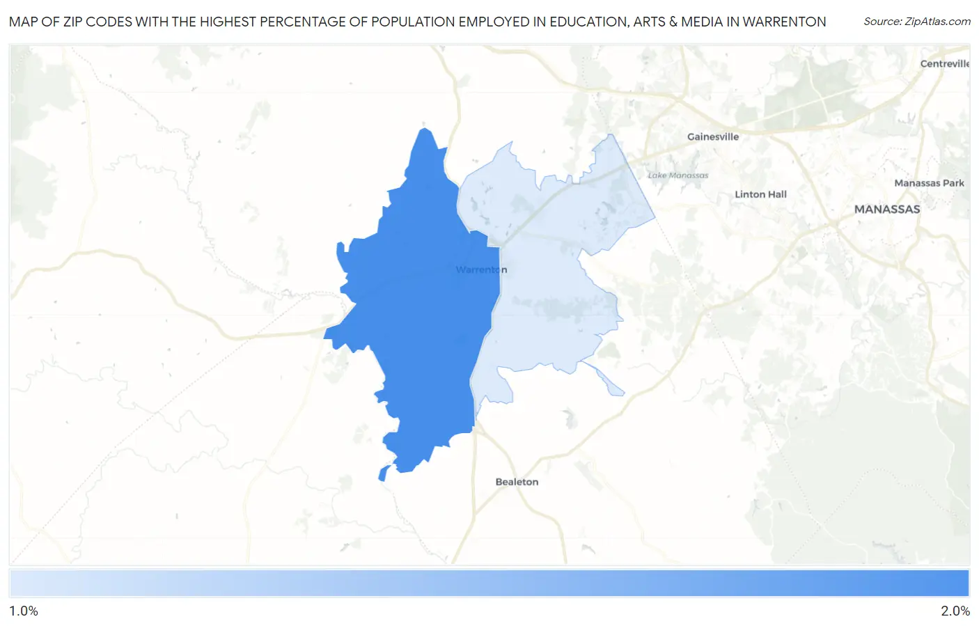 Zip Codes with the Highest Percentage of Population Employed in Education, Arts & Media in Warrenton Map